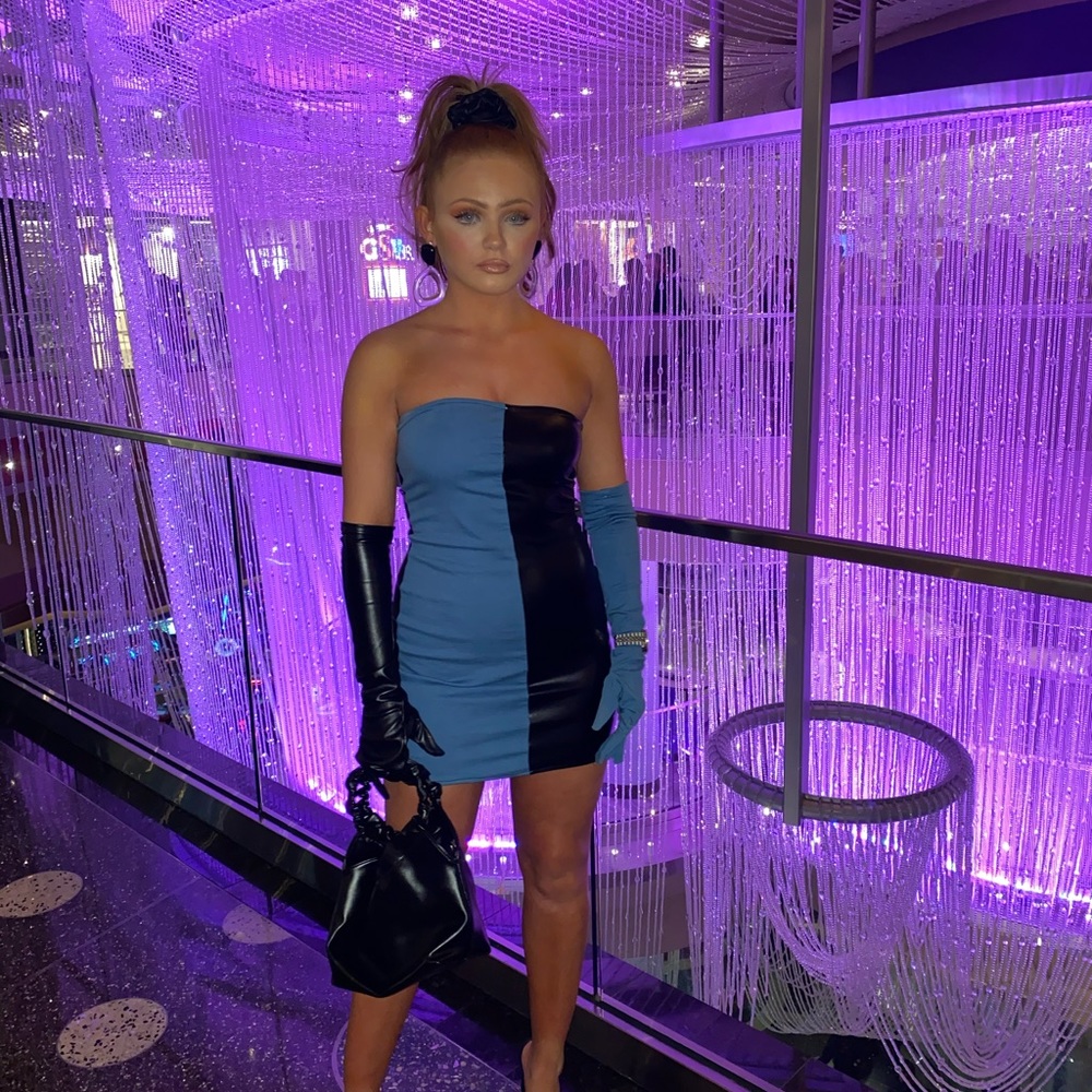 half black and blue dress with mismatch gloves